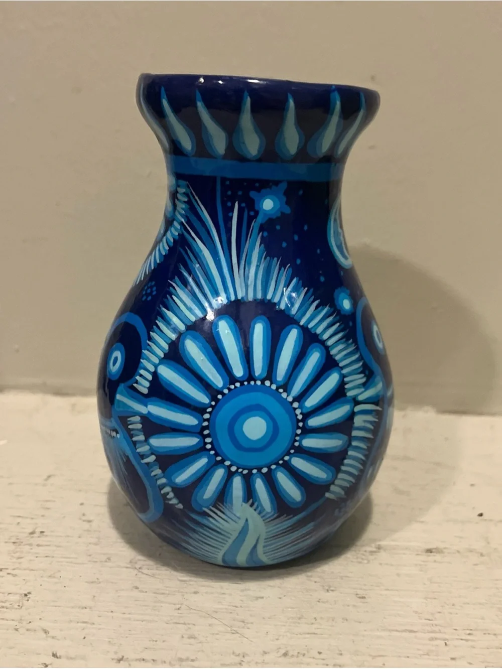 Mexican Hand-Painted Folk Art Red Clay Blue Floral Bud Vase 5”